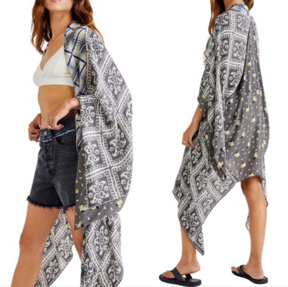 Free People American Pie Patchwork Kimono - Storm Combo Boho Cutout One Size